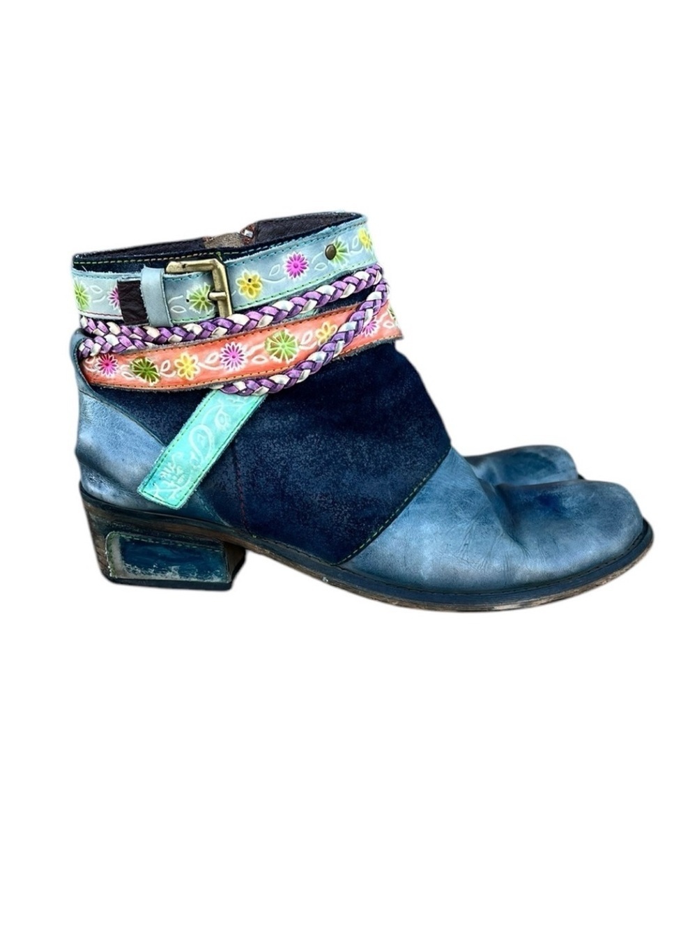 Socofy 42 (11) Blue Leather Suede Distressed Ankle Boots Booties Boho
